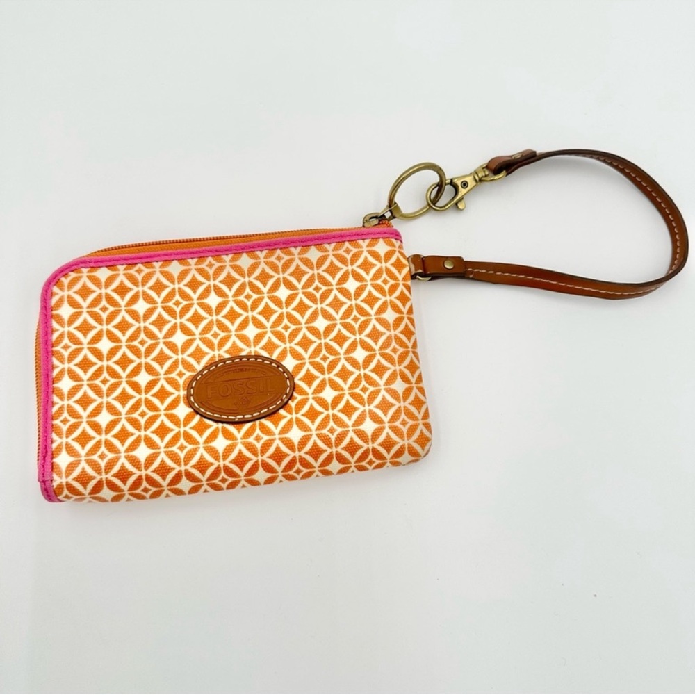 Fossil Key-Per Orange Wristlet with Pink Trim